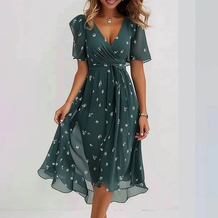 Women's Floral Wrap Midi Dress Flutter Sleeve Tie Waist