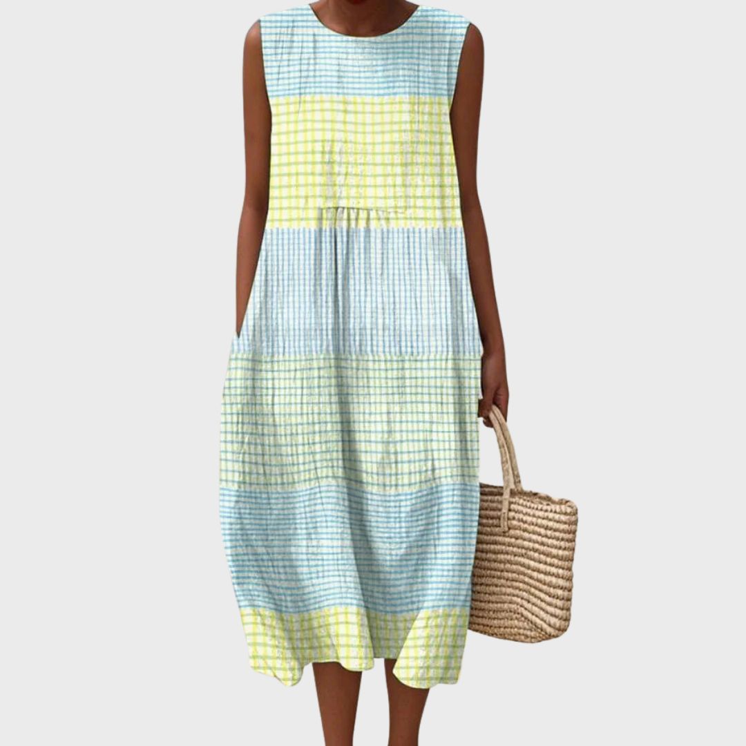 Women's Striped Sleeveless Midi Dress Round Neck Loose Fit