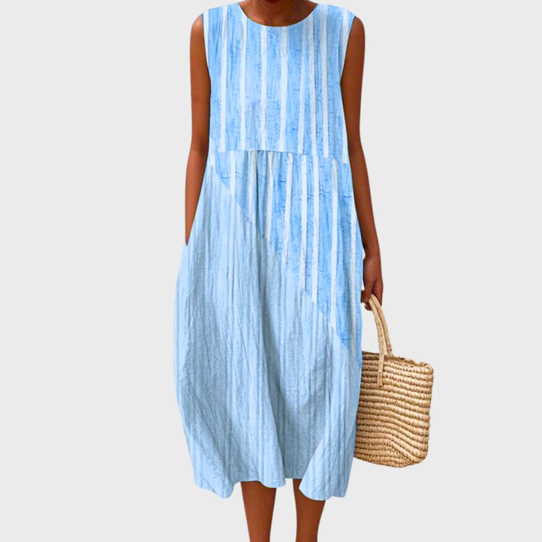 Women's Striped Sleeveless Midi Dress Round Neck Loose Fit