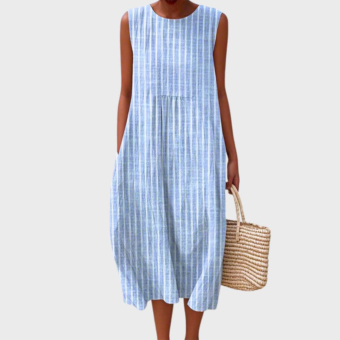Women's Striped Sleeveless Midi Dress Round Neck Loose Fit