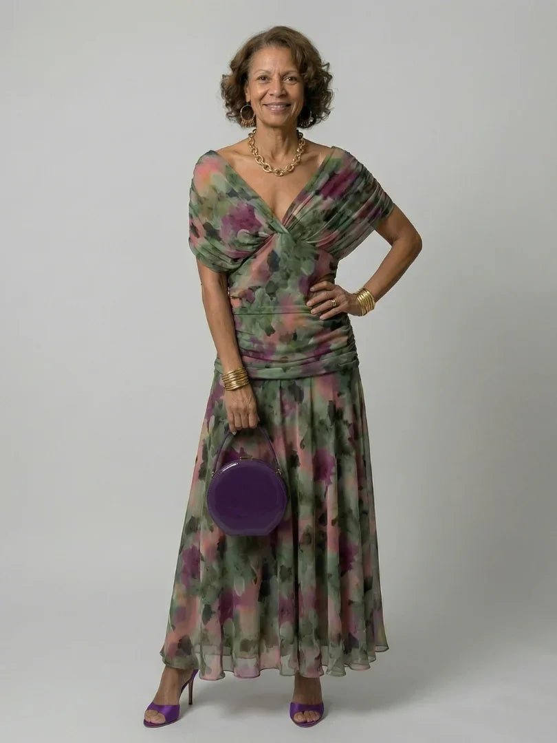 Women's Floral Midi Dress V-Neck Cape Sleeve Wedding Guest