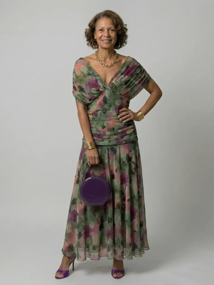 Women's Floral Midi Dress V-Neck Cape Sleeve Wedding Guest