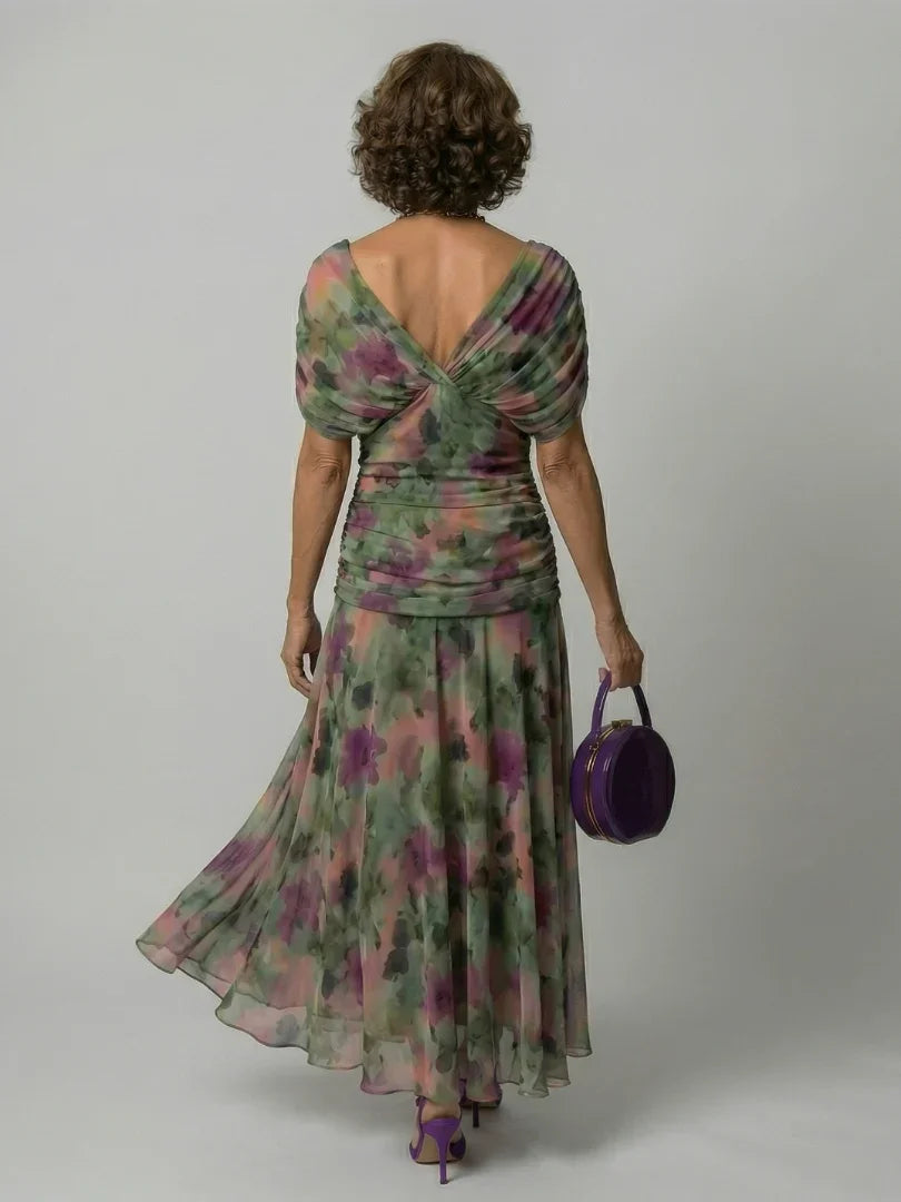 Women's Floral Midi Dress V-Neck Cape Sleeve Wedding Guest