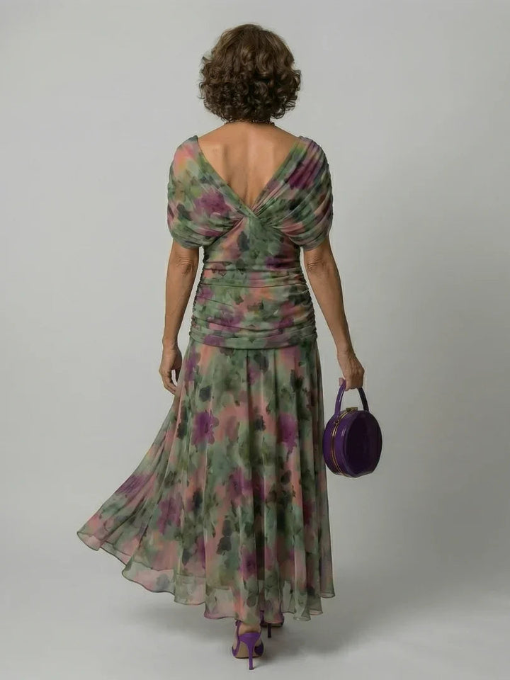 Women's Floral Midi Dress V-Neck Cape Sleeve Wedding Guest