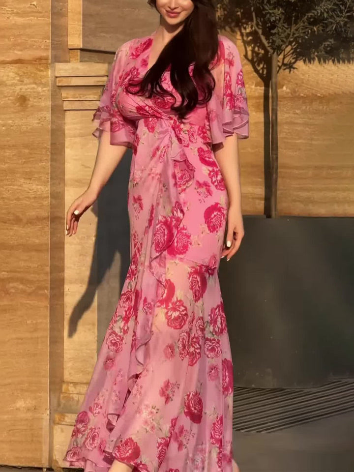 Laurie | Retro V-neck trumpet sleeve printed dress