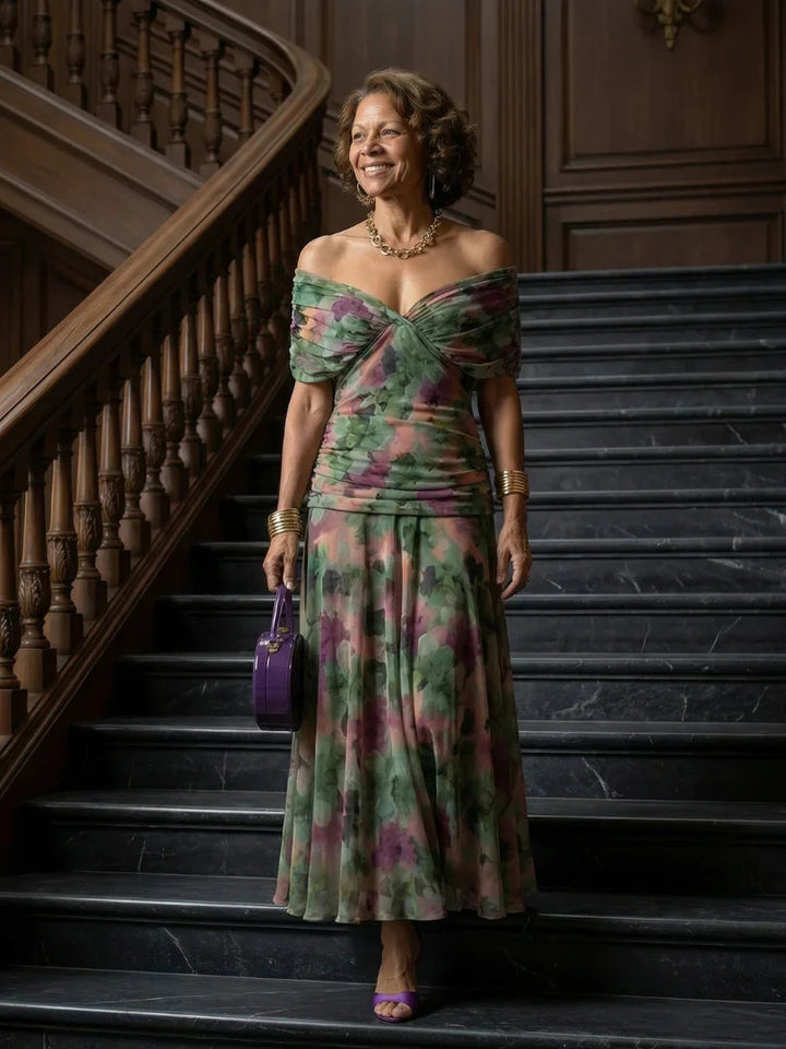 Women's Floral Midi Dress V-Neck Cape Sleeve Wedding Guest
