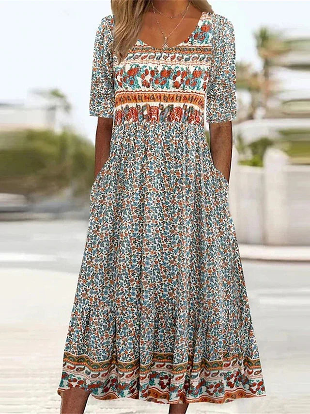 Janine | Dress with Bohemian Print and Round Neckline
