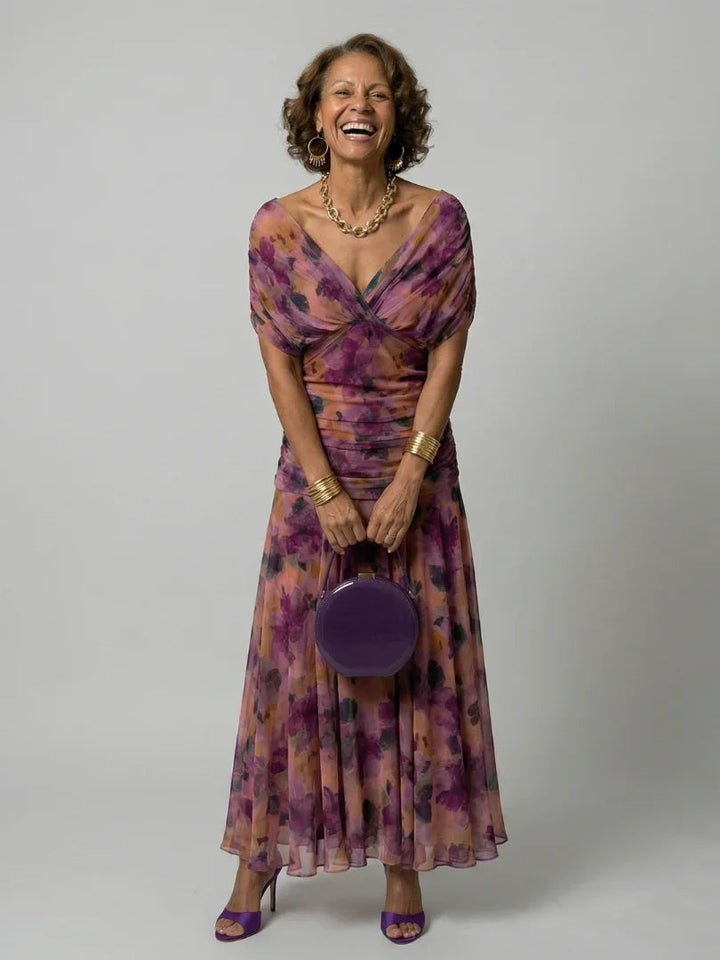 Women's Floral Midi Dress V-Neck Cape Sleeve Wedding Guest