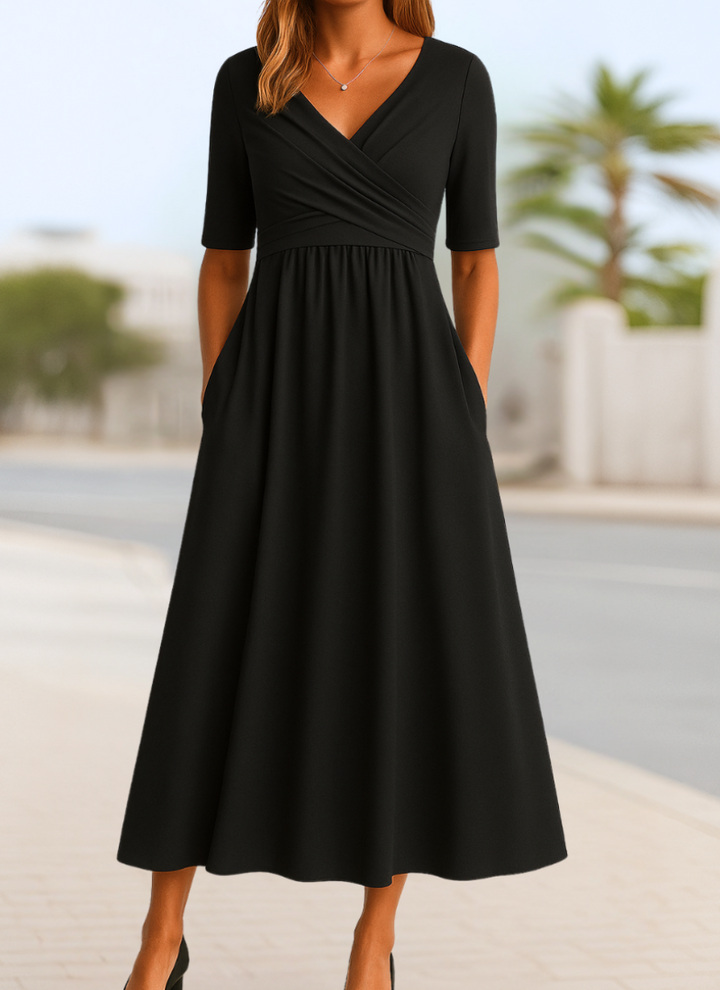Wrap Front Midi Dress Short Sleeve V-Neck with Pockets