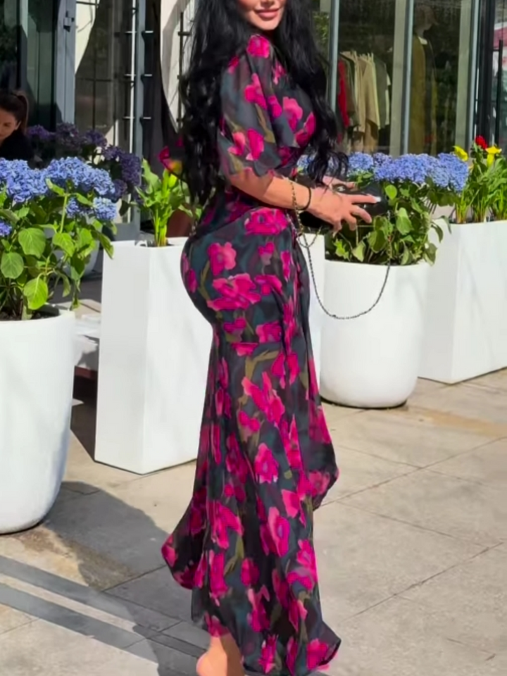 Laurie | Retro V-neck trumpet sleeve printed dress