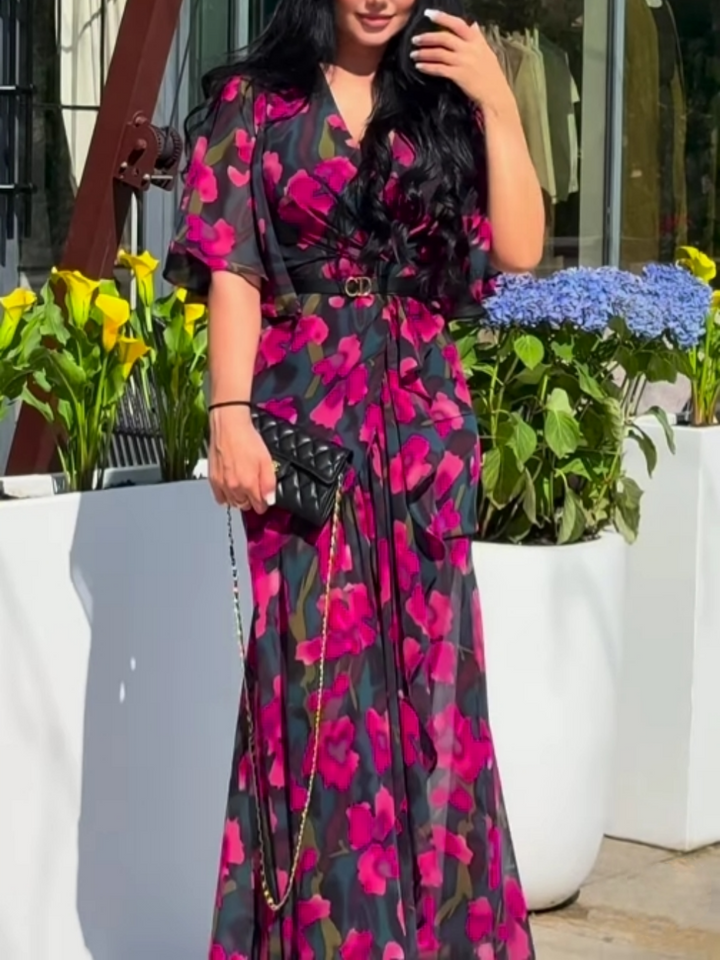 Laurie | Retro V-neck trumpet sleeve printed dress