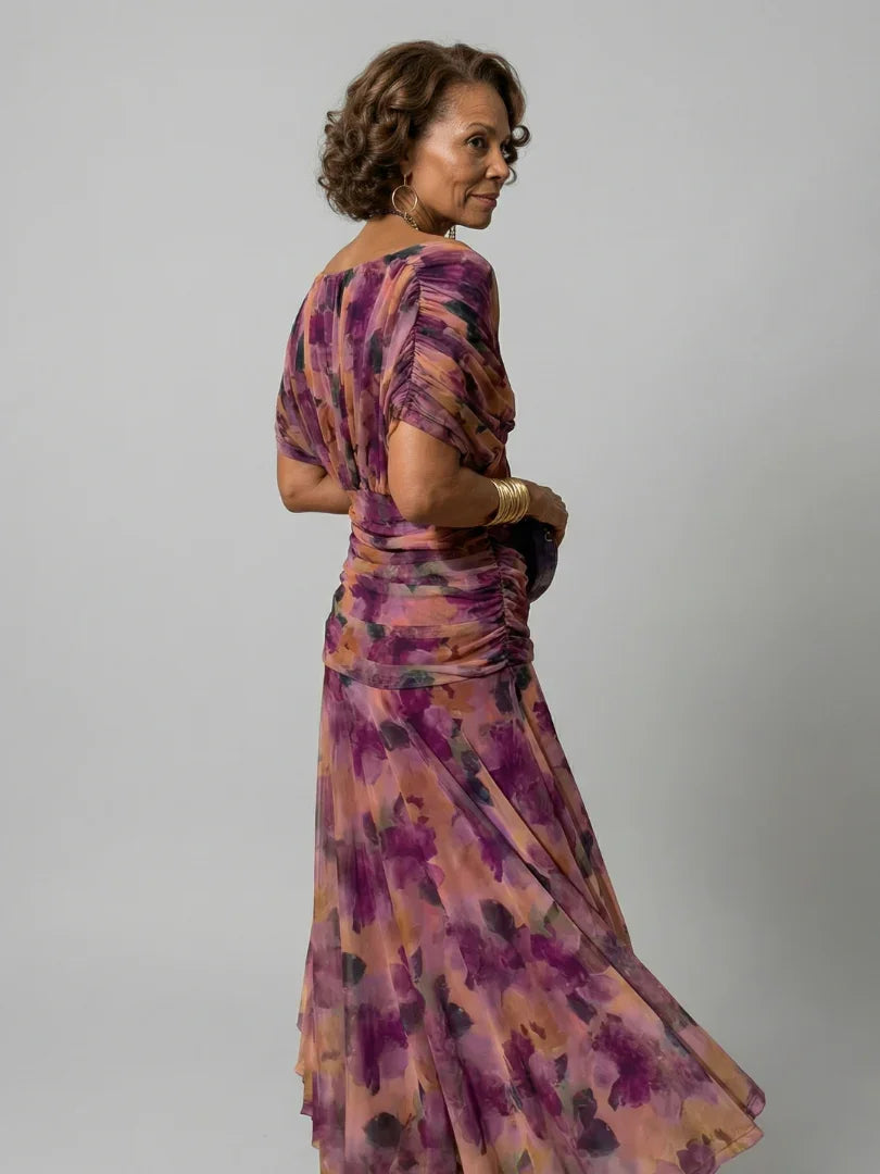 Women's Floral Midi Dress V-Neck Cape Sleeve Wedding Guest
