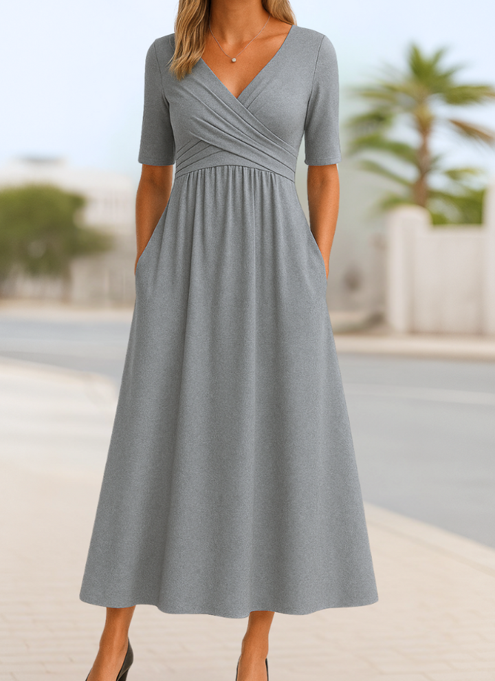 Wrap Front Midi Dress Short Sleeve V-Neck with Pockets