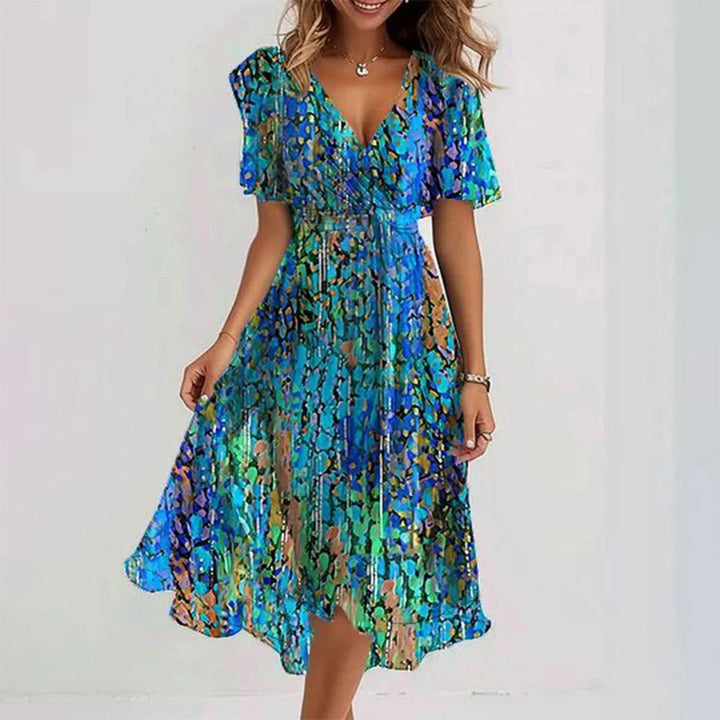 Women's Floral Wrap Midi Dress Flutter Sleeve Tie Waist