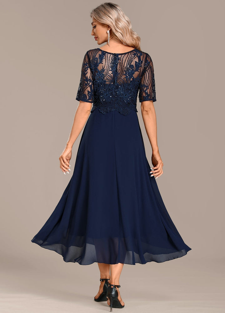 Katherine | Navy Lace Short Sleeve Round Neck Dress