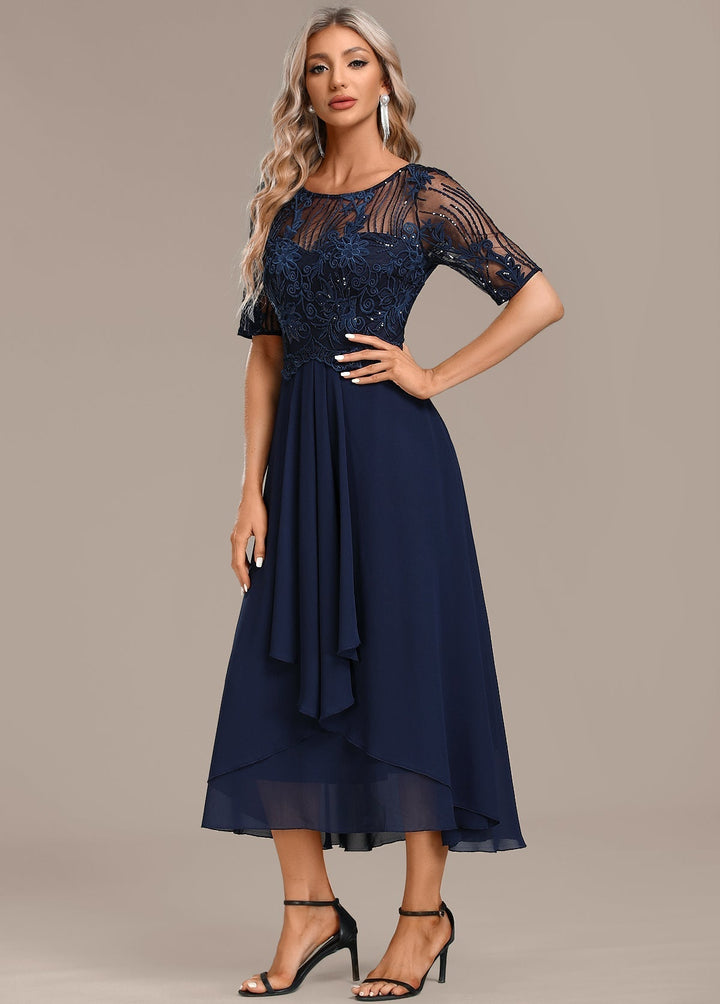 Katherine | Navy Lace Short Sleeve Round Neck Dress