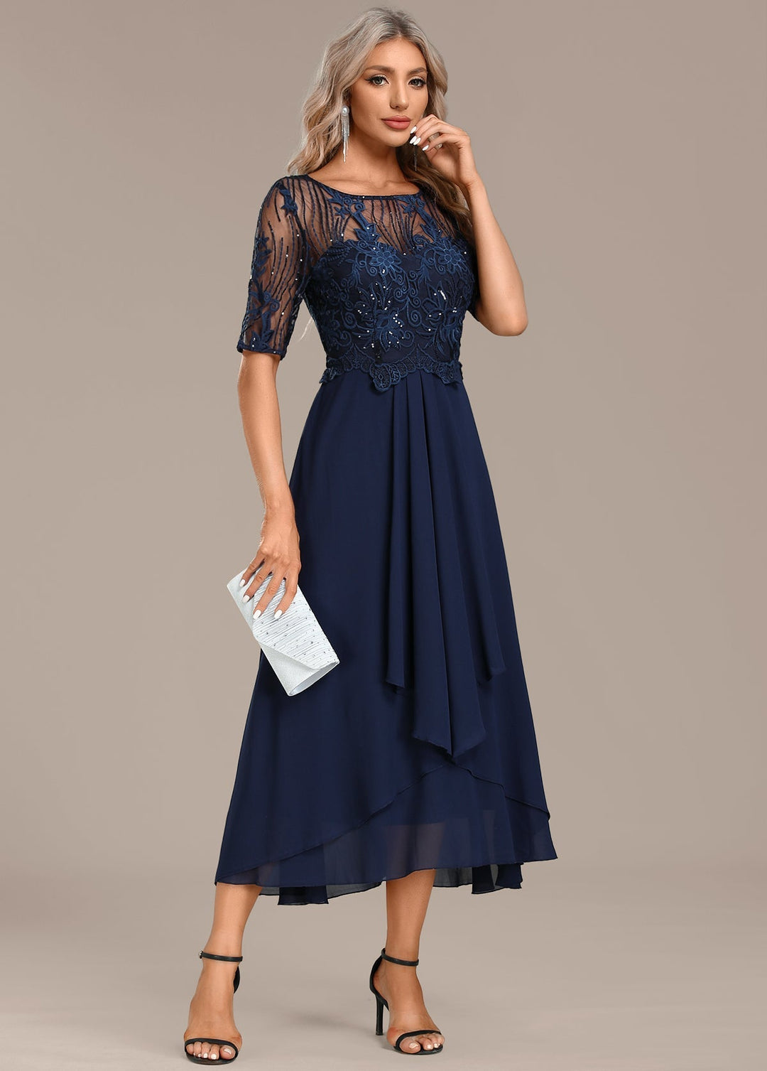 Katherine | Navy Lace Short Sleeve Round Neck Dress