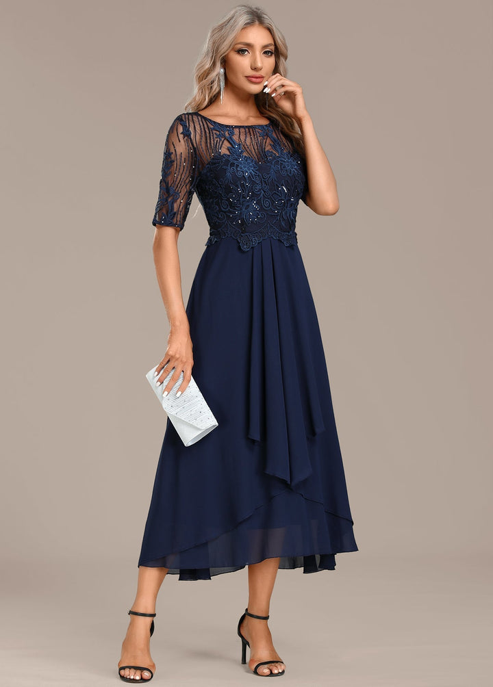 Katherine | Navy Lace Short Sleeve Round Neck Dress