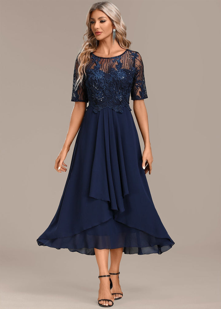 Katherine | Navy Lace Short Sleeve Round Neck Dress