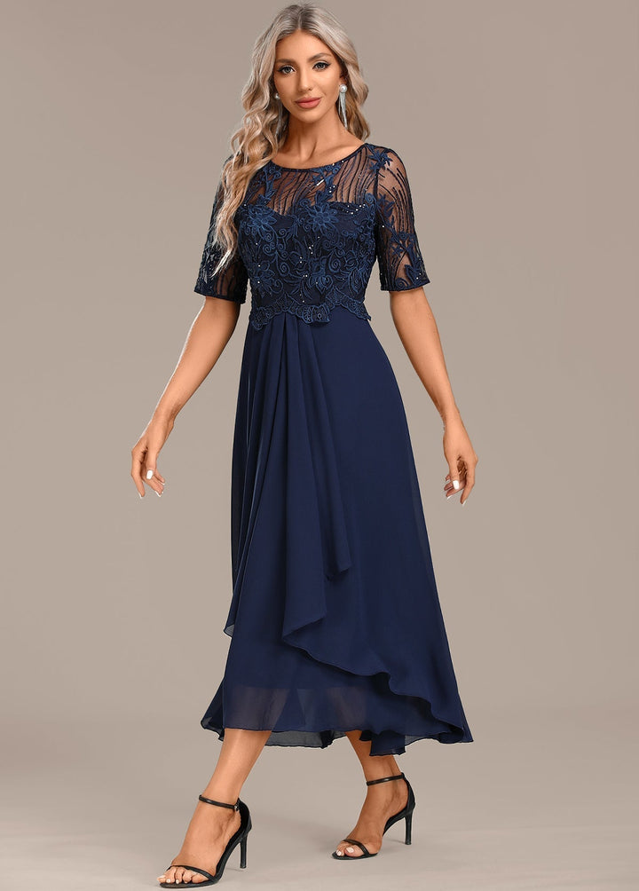 Katherine | Navy Lace Short Sleeve Round Neck Dress