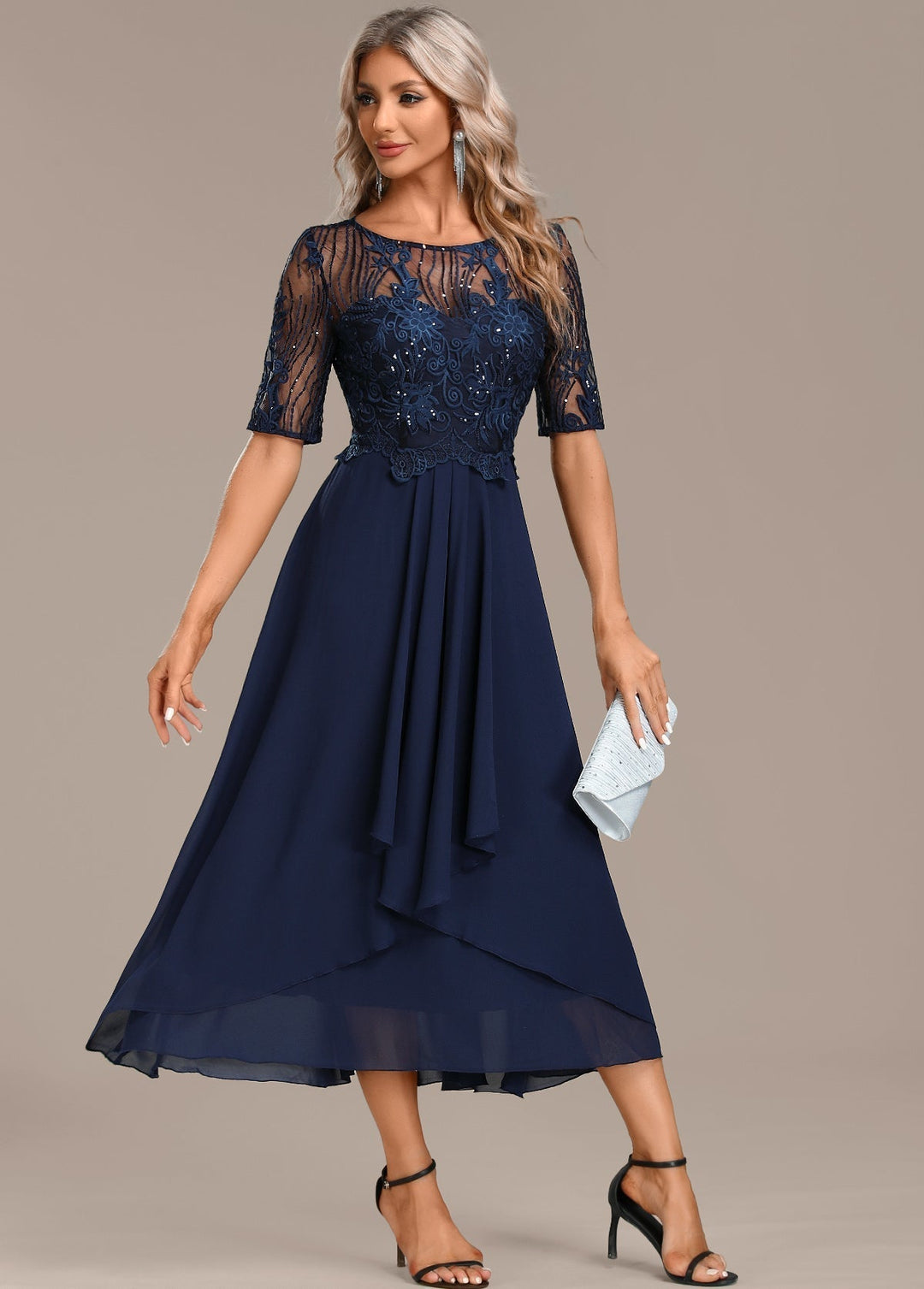 Katherine | Navy Lace Short Sleeve Round Neck Dress