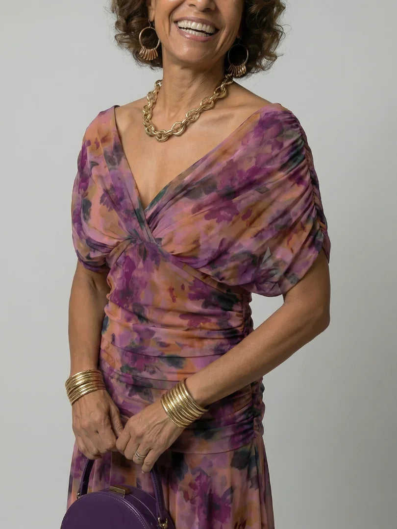 Women's Floral Midi Dress V-Neck Cape Sleeve Wedding Guest
