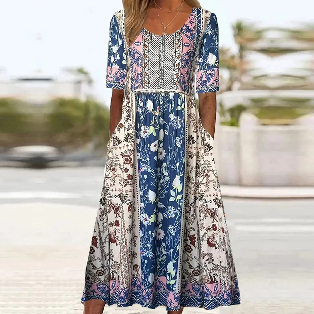Janine | Dress with Bohemian Print and Round Neckline