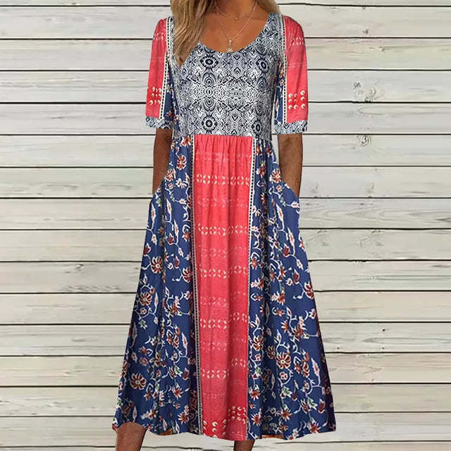 Janine | Dress with Bohemian Print and Round Neckline