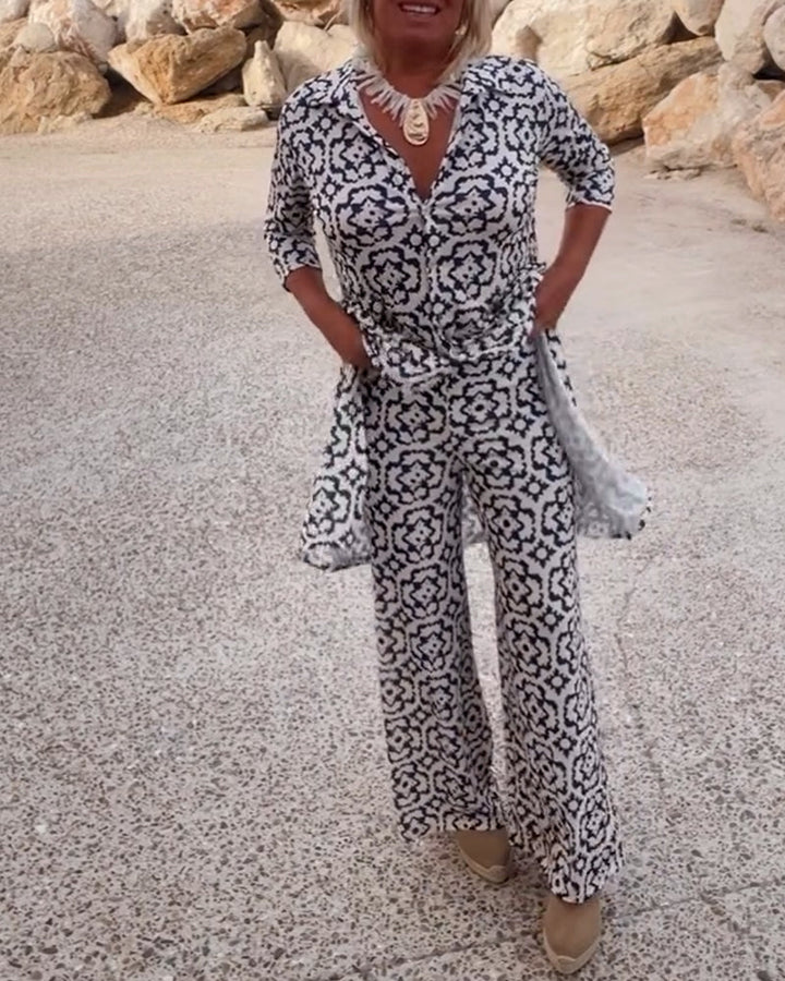 Mosa | Women's Printed Two Piece Set Longline Shirt Straight Pants