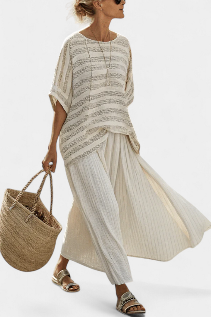 Veronica – striped top in natural bamboo and fluid linen pants