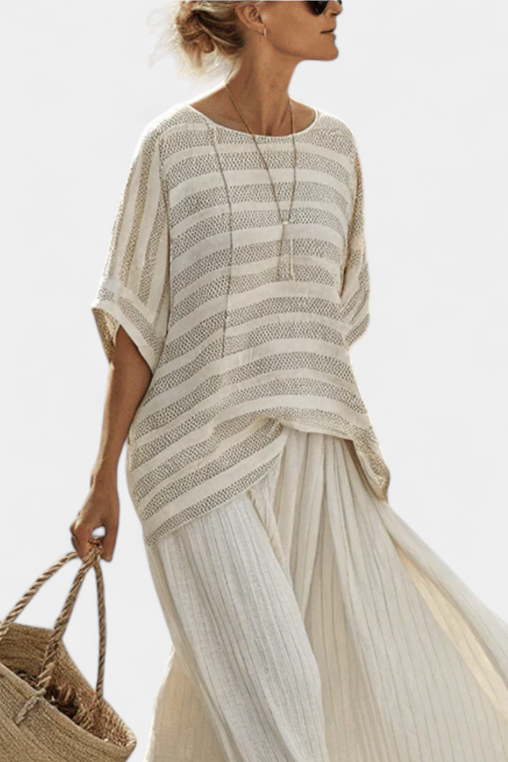 Veronica – striped top in natural bamboo and fluid linen pants