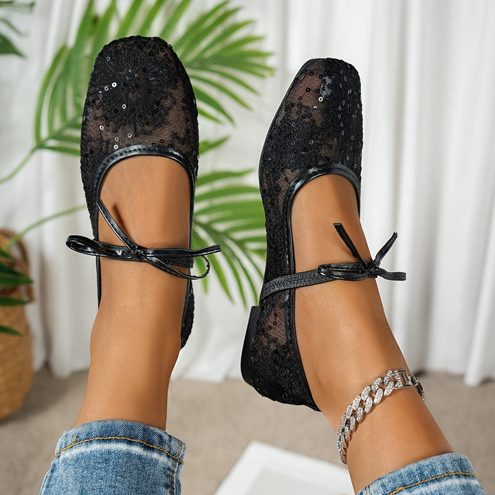 Women's Lace Mesh Mary Jane Flats Bow Strap Sequin Detail