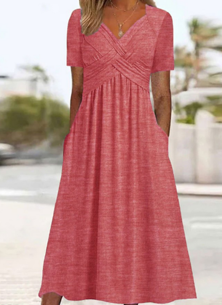 Wrap Front Midi Dress Short Sleeve V-Neck with Pockets