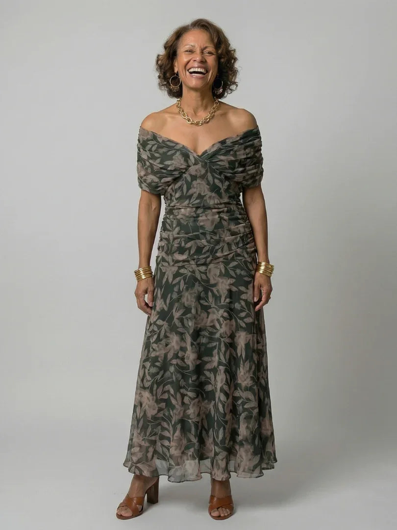 Women's Floral Midi Dress V-Neck Cape Sleeve Wedding Guest