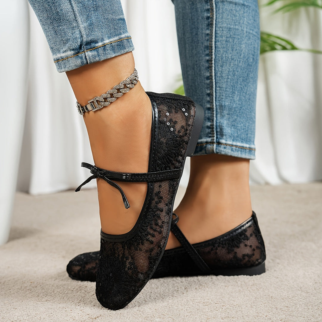 Women's Lace Mesh Mary Jane Flats Bow Strap Sequin Detail