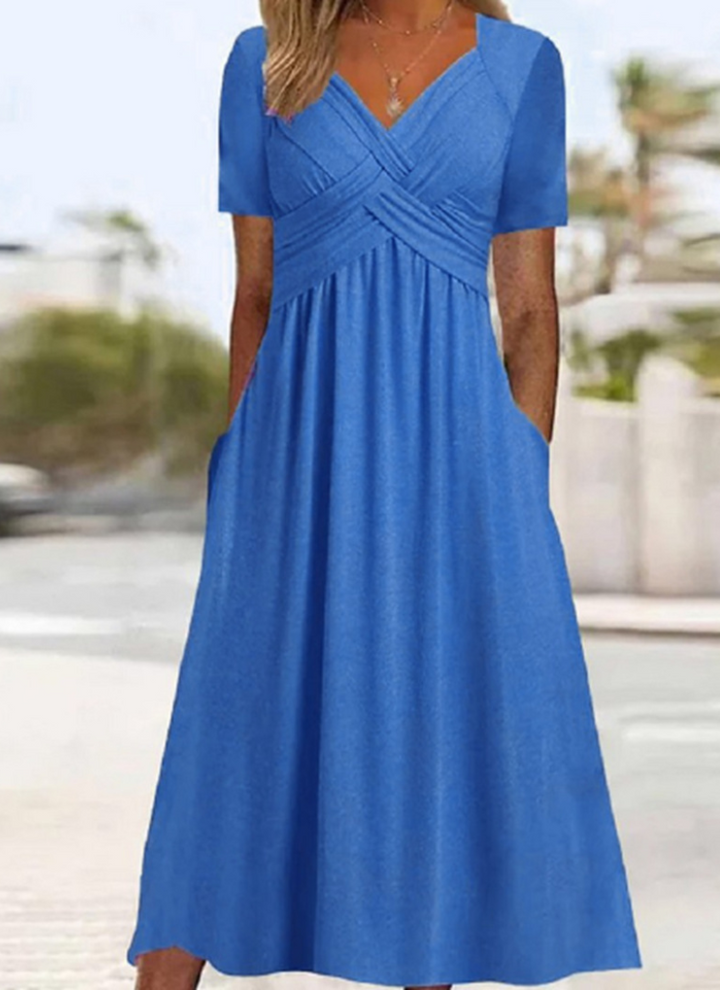 Wrap Front Midi Dress Short Sleeve V-Neck with Pockets