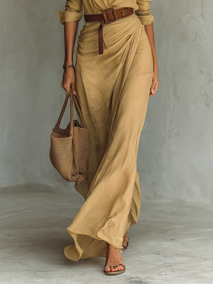 Lydia | Lapel Long Sleeve Belted Maxi Dress