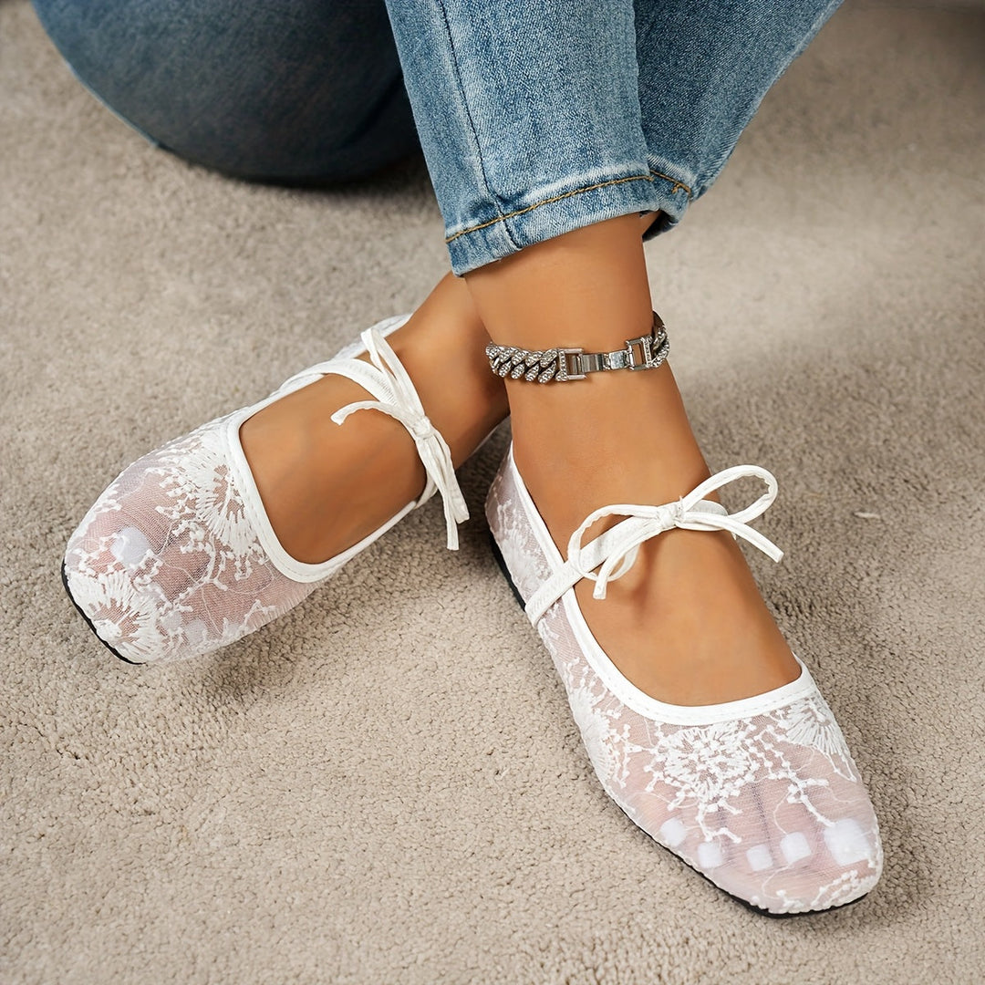 Women's Lace Mesh Mary Jane Flats Bow Strap Sequin Detail