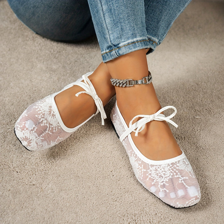 Women's Lace Mesh Mary Jane Flats Bow Strap Sequin Detail