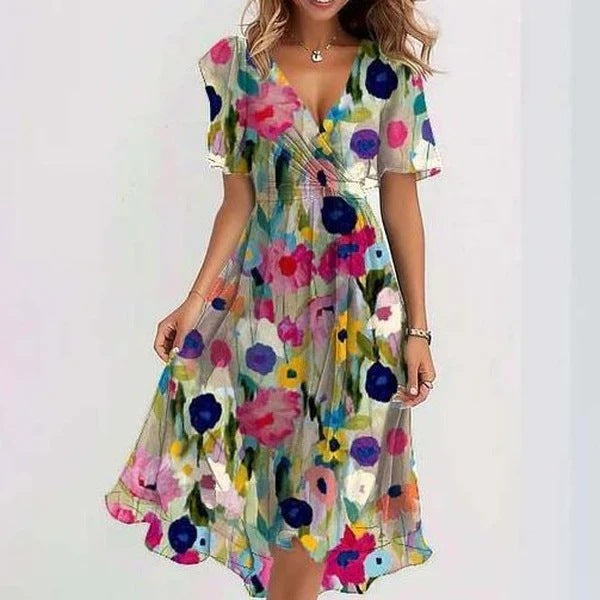 Women's Floral Wrap Midi Dress Flutter Sleeve Tie Waist