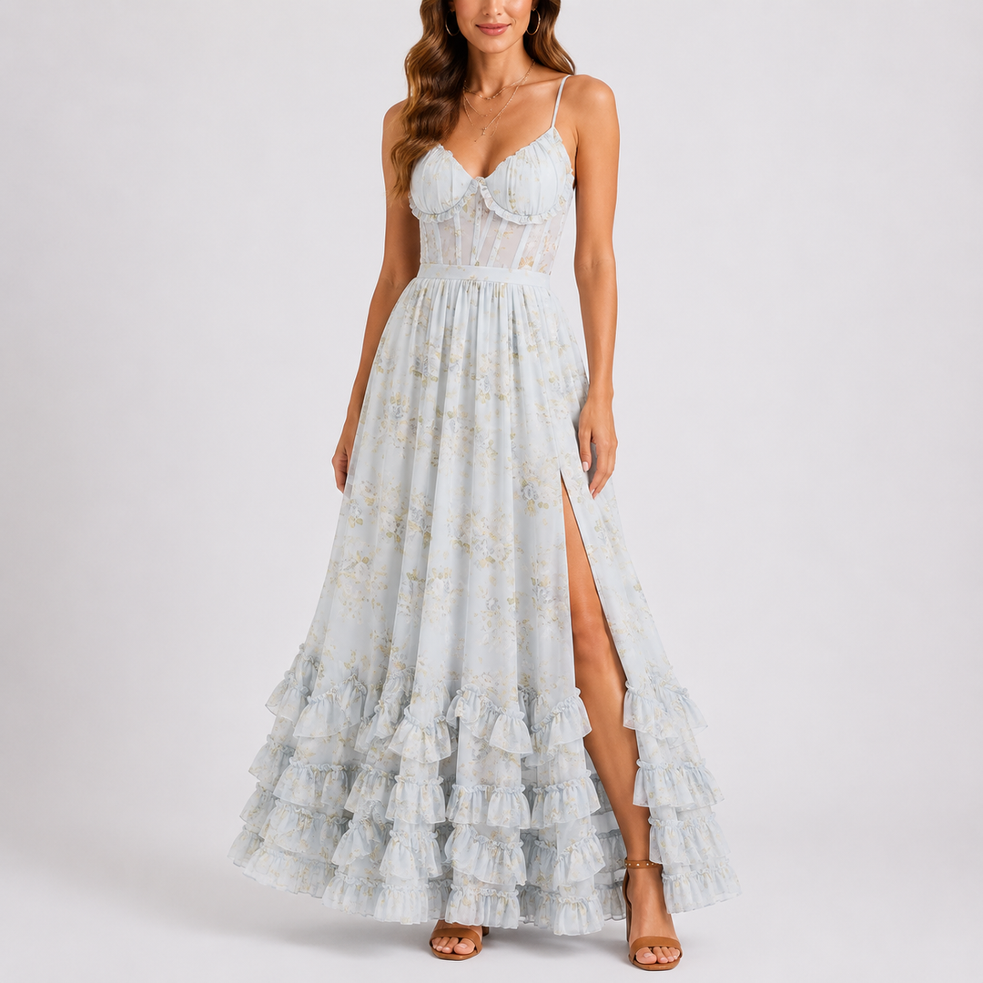 Women's Floral Corset Tiered Ruffle Maxi Dress