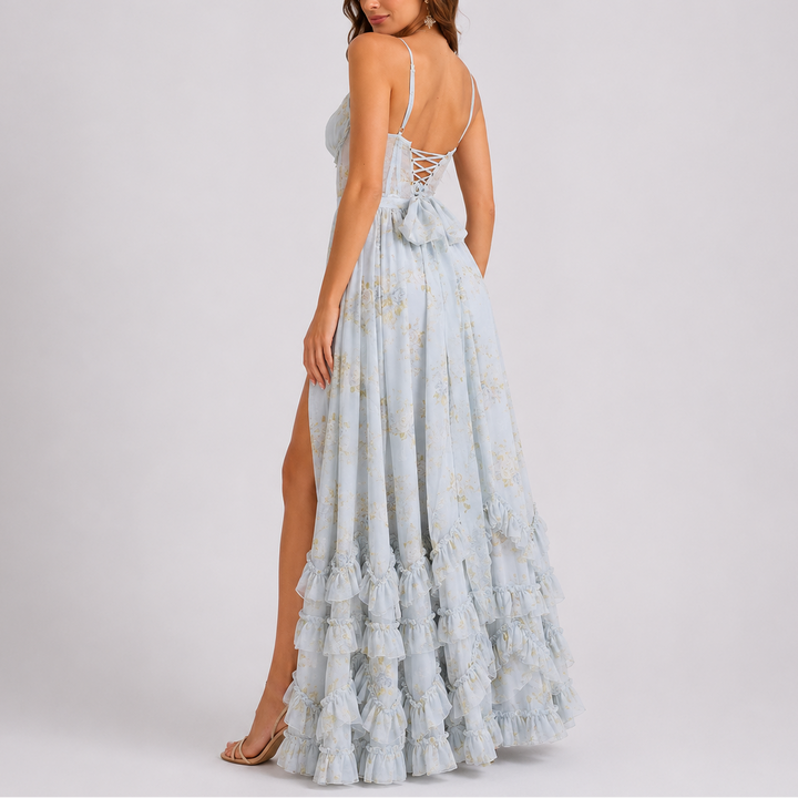 Women's Floral Corset Tiered Ruffle Maxi Dress