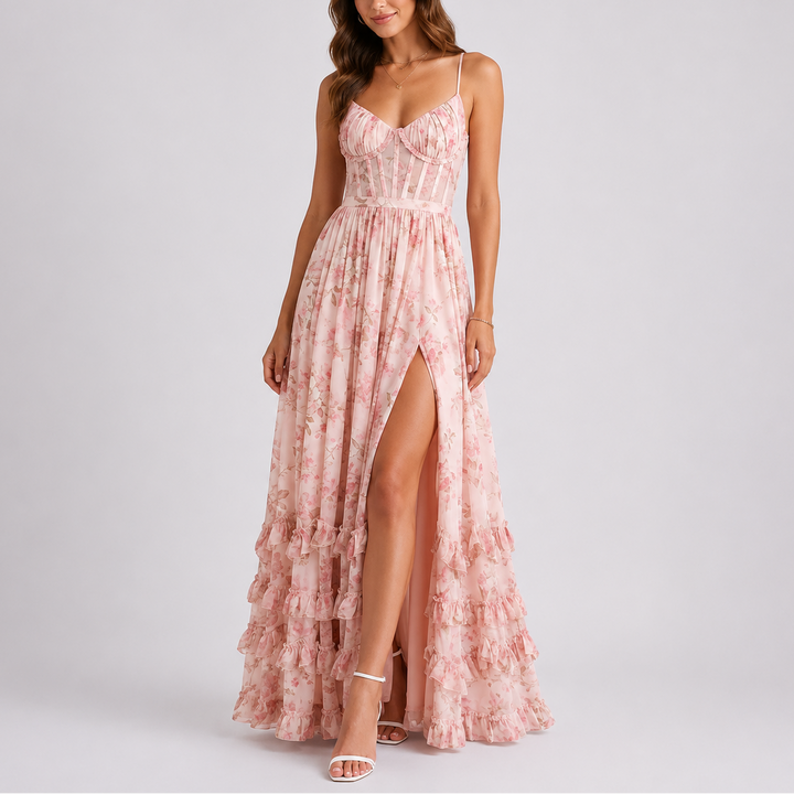 Women's Floral Corset Tiered Ruffle Maxi Dress