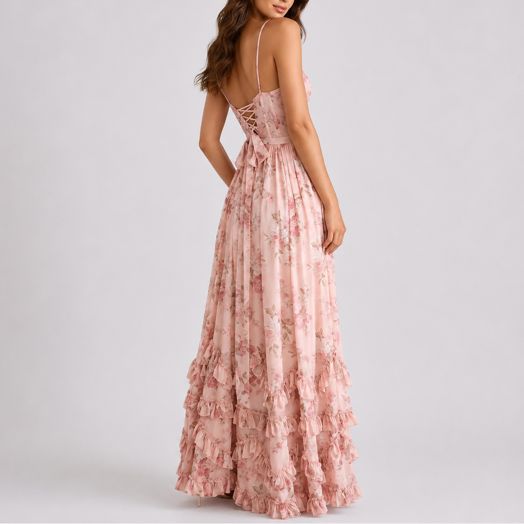 Women's Floral Corset Tiered Ruffle Maxi Dress