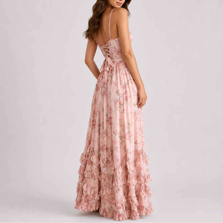 Women's Floral Corset Tiered Ruffle Maxi Dress