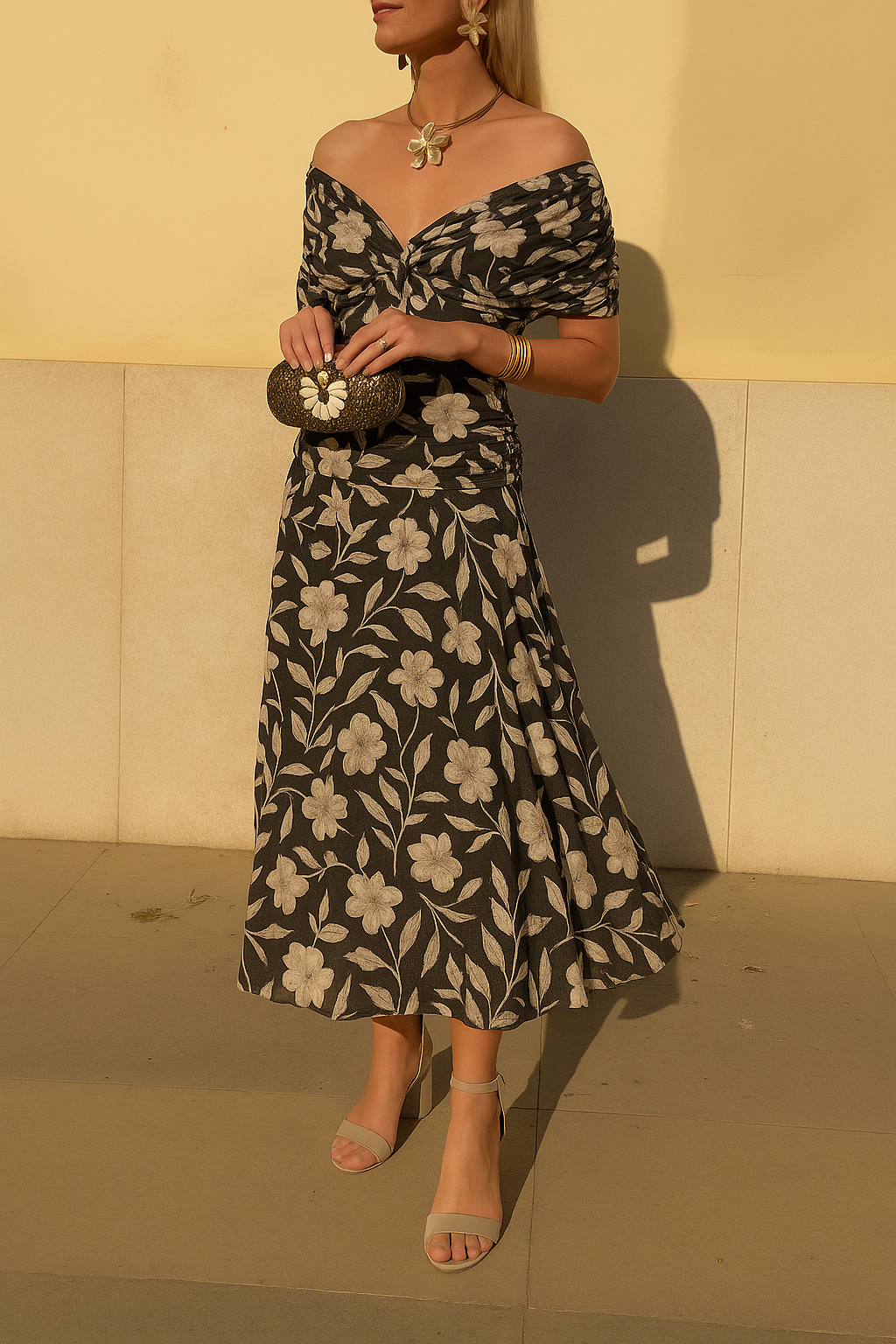 Anastasia | Off-Shoulder Midi Dress with Floral Print