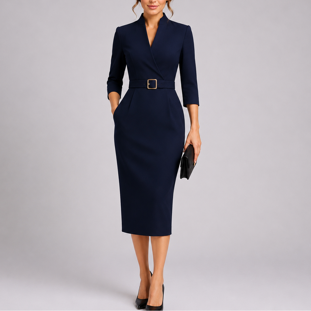 Women's Wrap V-Neck Belted Bodycon Midi Dress
