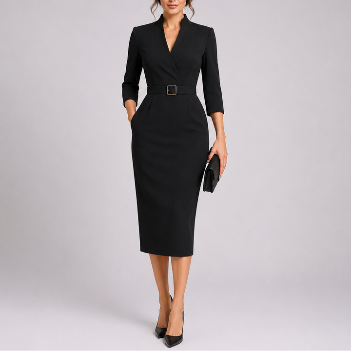 Women's Wrap V-Neck Belted Bodycon Midi Dress