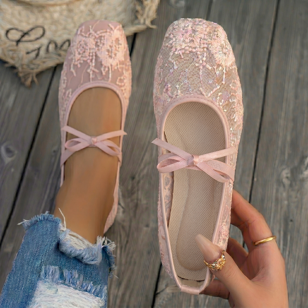 Women's Lace Mesh Mary Jane Flats Bow Strap Sequin Detail