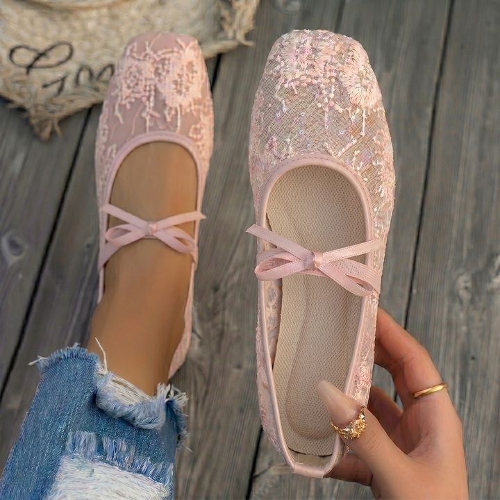 Women's Lace Mesh Mary Jane Flats Bow Strap Sequin Detail